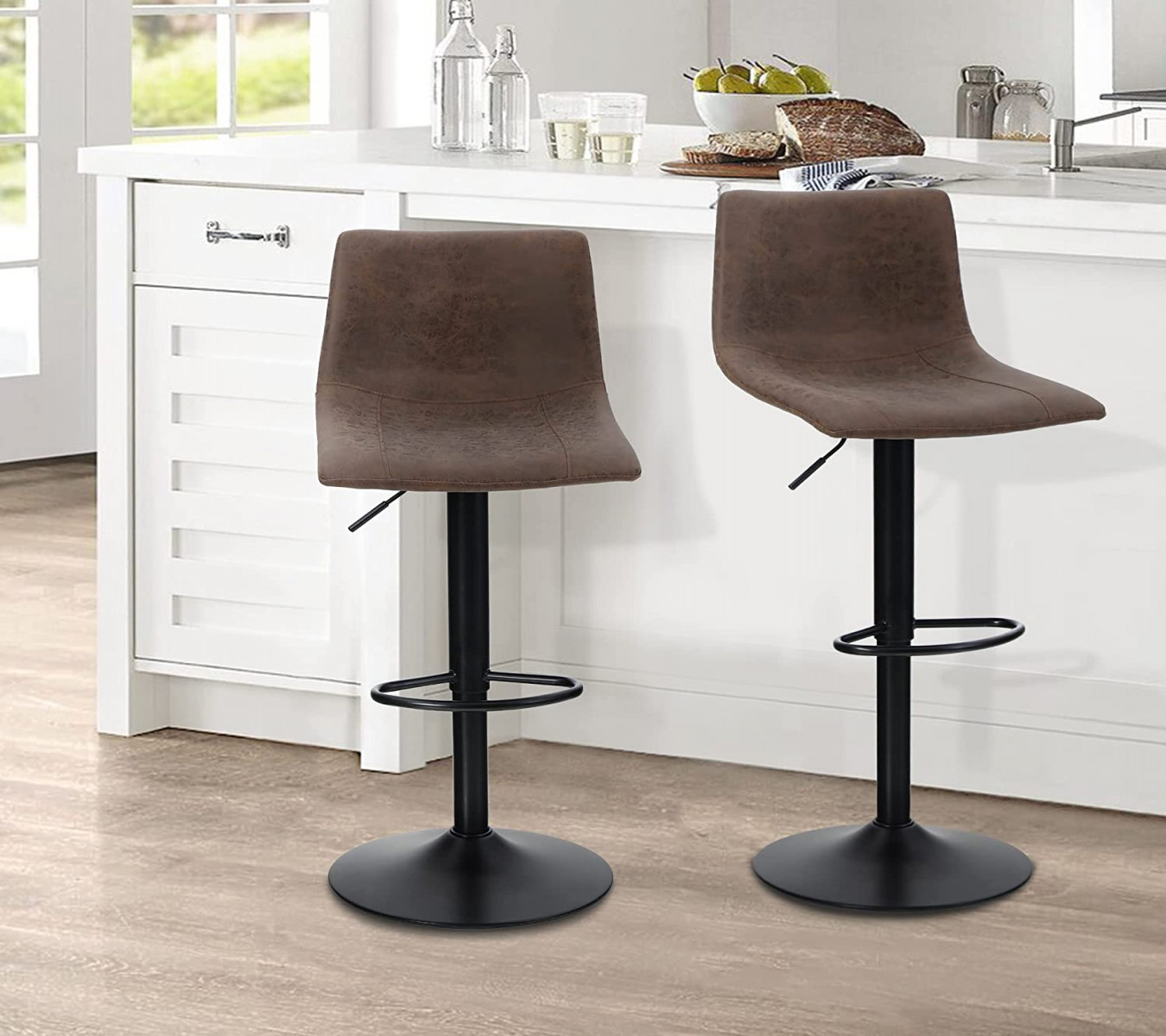 ALPHA HOME Bar Stools, Set of , Height-Adjustable,  Degree Rotating Bar  Stools with Backrest, Modern Kitchen Counter Stool, PU Leather Dining Room