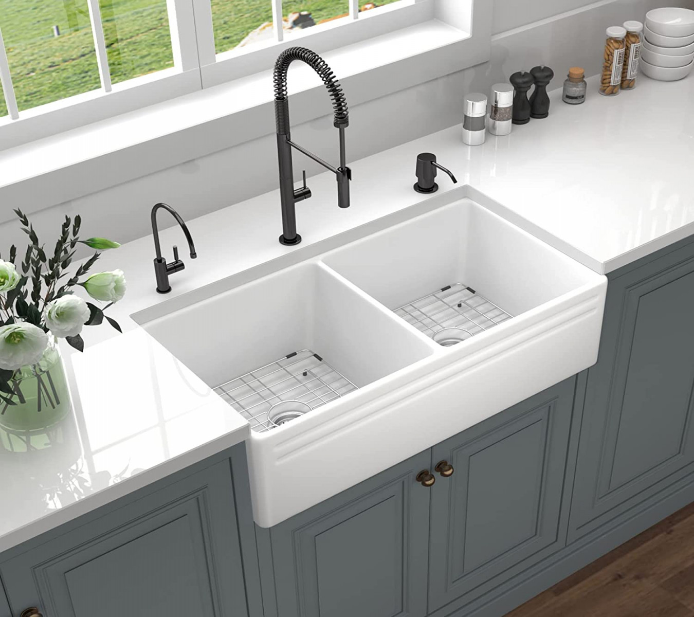 ALWEN " Fireclay Farmhouse Sink Double Bowl Apron Front Farmhouse Kitchen  Sink Recyclable White Fireclay Kitchen Sink with  Stainless Steel Grids
