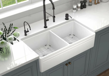 ALWEN " Fireclay Farmhouse Sink Double Bowl Apron Front Farmhouse Kitchen  Sink Recyclable White Fireclay Kitchen Sink with  Stainless Steel Grids