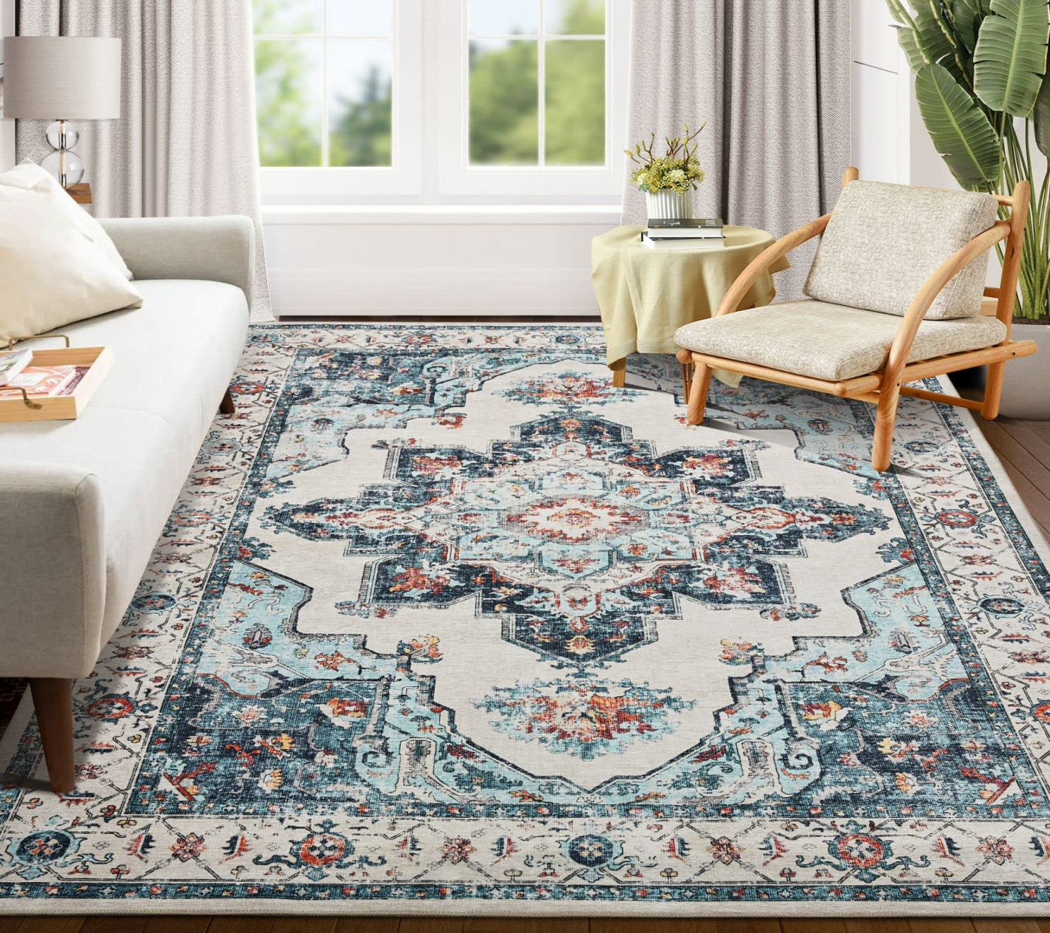 Area Rug Living Room Rugs: x Washable Large Carpet Boho Oriental Persian  Distressed Bohemian Non-Slip Area Rugs for Dining Room Farmhouse Bedroom