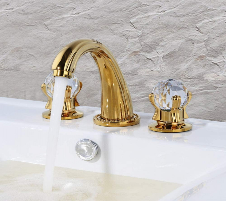 Bathroom Sink Faucet  Hole Mount Wide Brass Bathroom Faucet Crystal Handle  Mixer Tap Gold Ti-PVD (Gold)