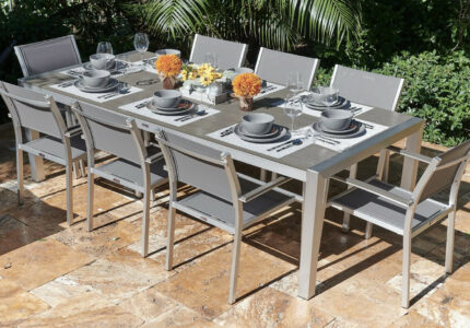 Belvedere -Piece Brushed Aluminum Outdoor Patio Furniture Dining Table Set  w/Dining Table and Eight Sling Chairs