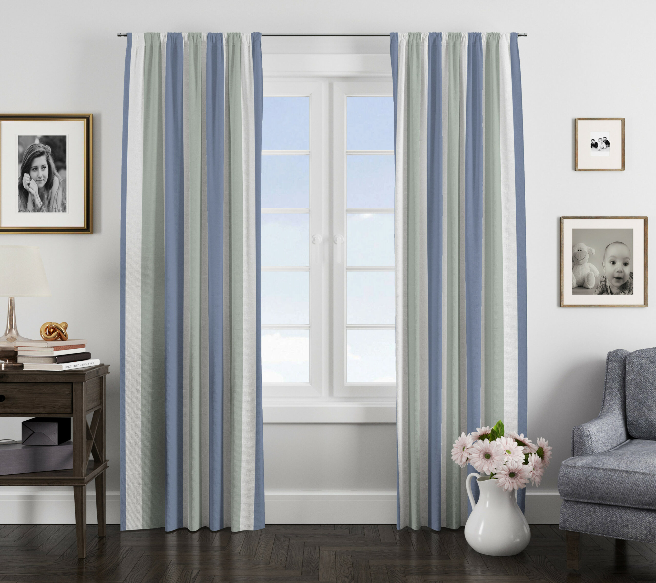 Blue and Sage Striped Window Curtains - Etsy Österreich