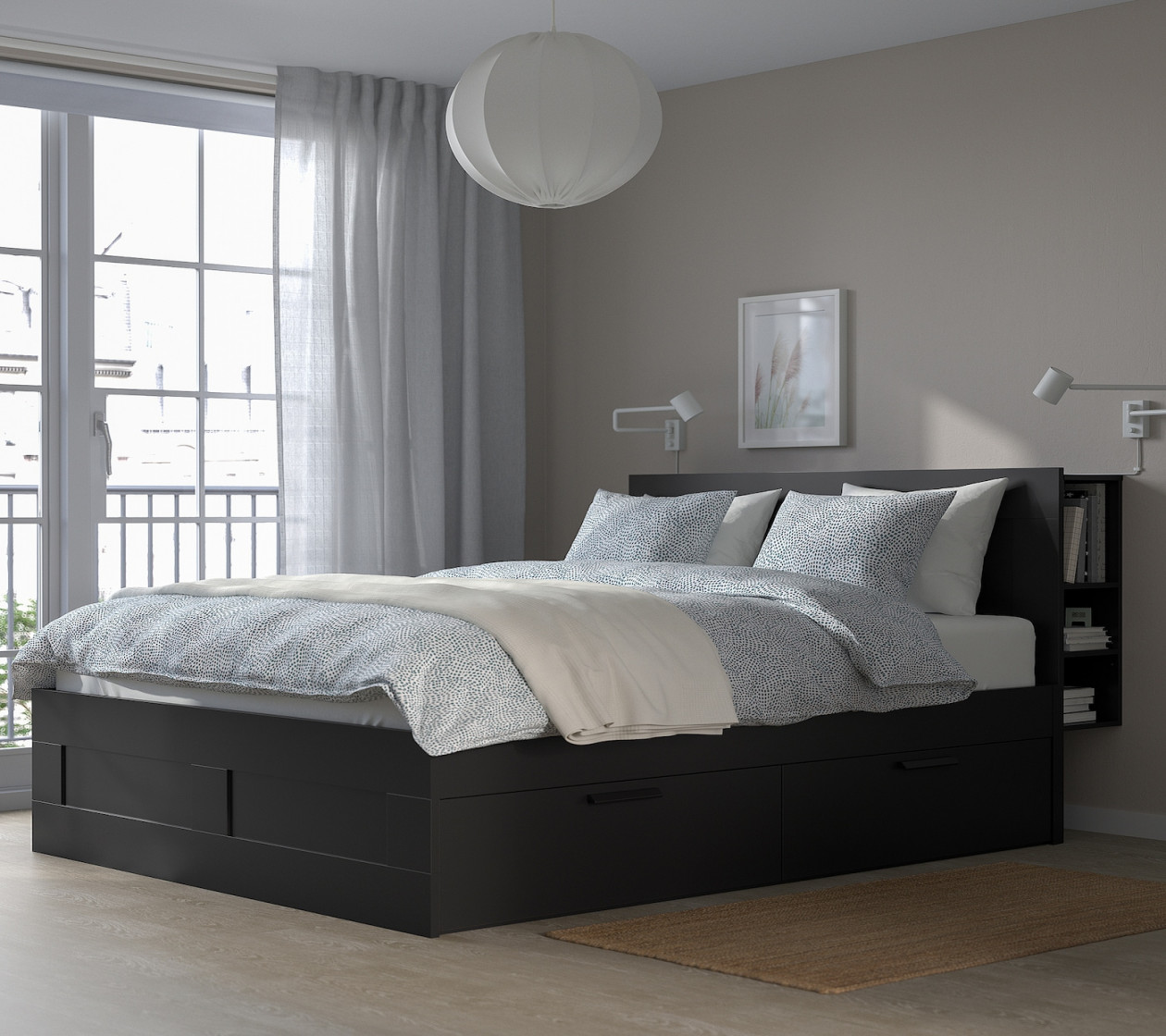 BRIMNES Bed frame with storage & headboard - black/Luröy Queen