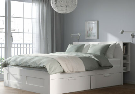 BRIMNES Bed frame with storage & headboard - white/Luröy Queen