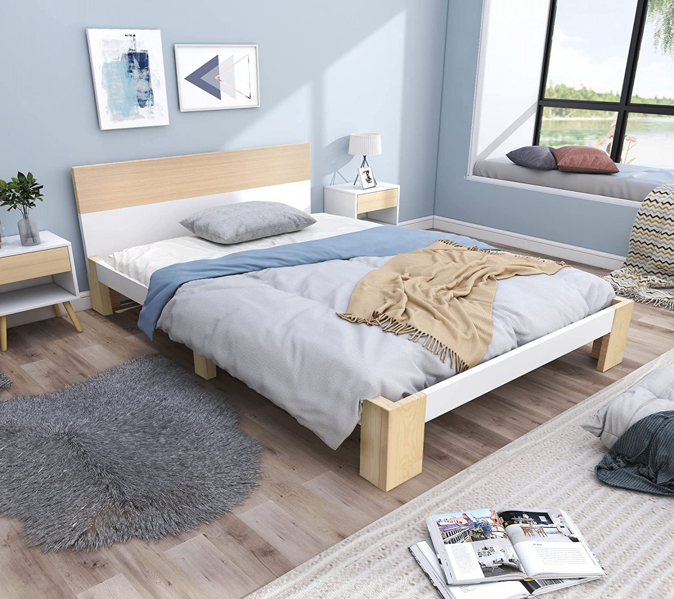 BTM Wooden Single Bed Frame with Slatted Frame, Headboard, Solid