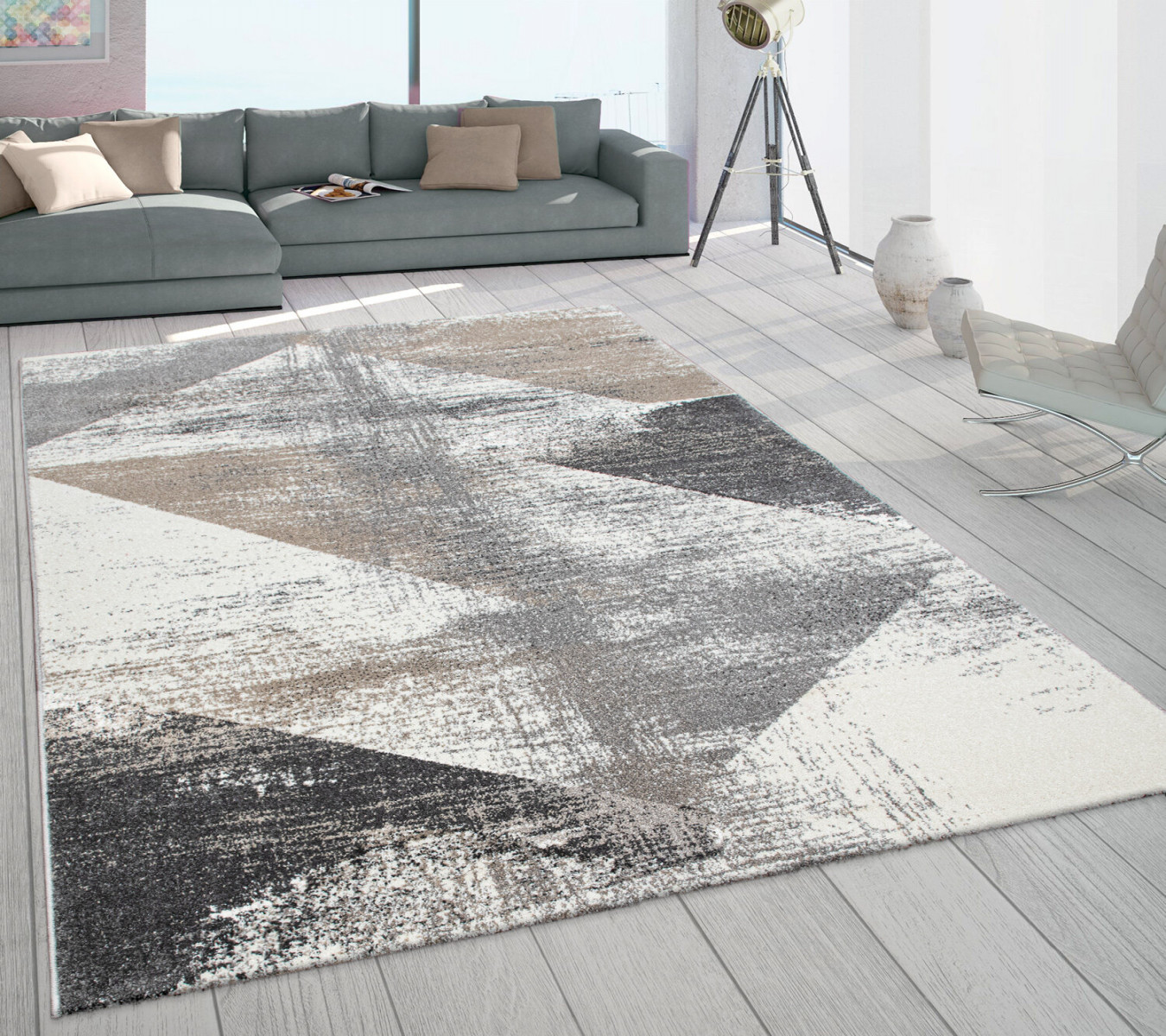 Carpet Living Room Short Pile Vintage Design Abstract Pattern Pastel Grey  Beige
