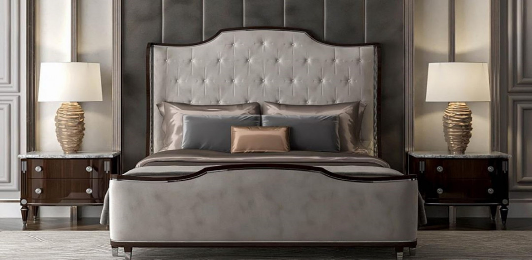 Casa Padrino Luxury Art Deco Bedroom Set Gray / Dark Brown / Silver -   Double Bed with Headboard &  Bedside Tables - Art Deco Bedroom Furniture -