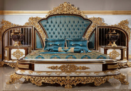 Casa Padrino luxury baroque bedroom set blue / white / brown / gold -   Double Bed with Headboard &  Bedside Tables - Bedroom furniture in baroque