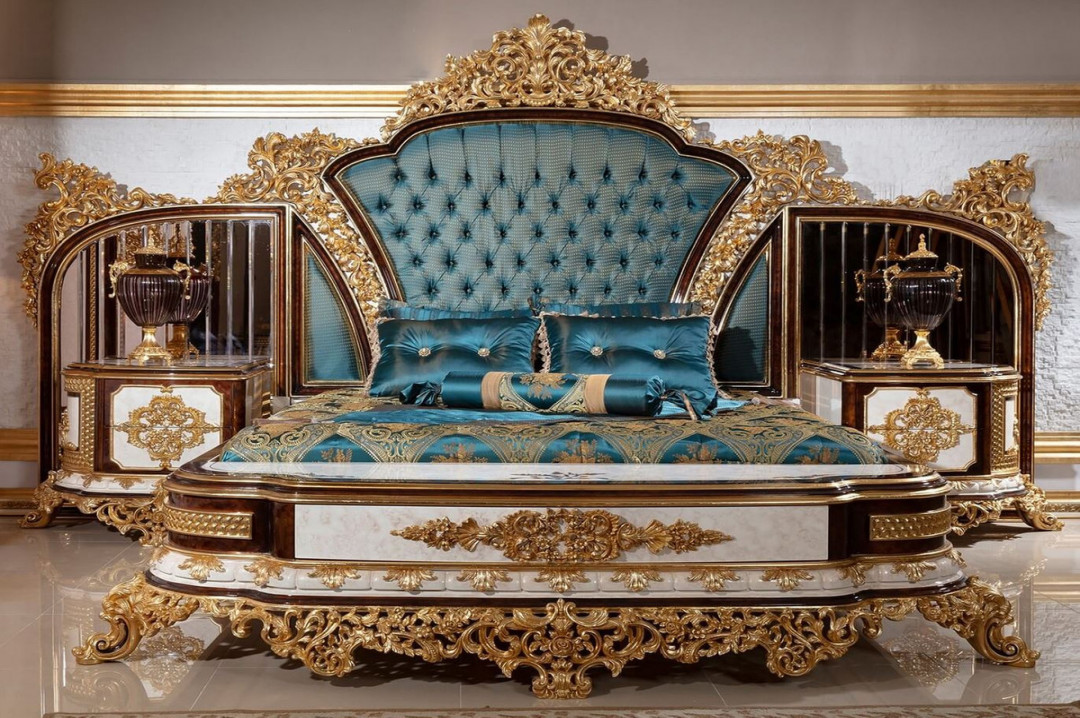 Casa Padrino luxury baroque bedroom set blue / white / brown / gold -   Double Bed with Headboard &  Bedside Tables - Bedroom furniture in baroque