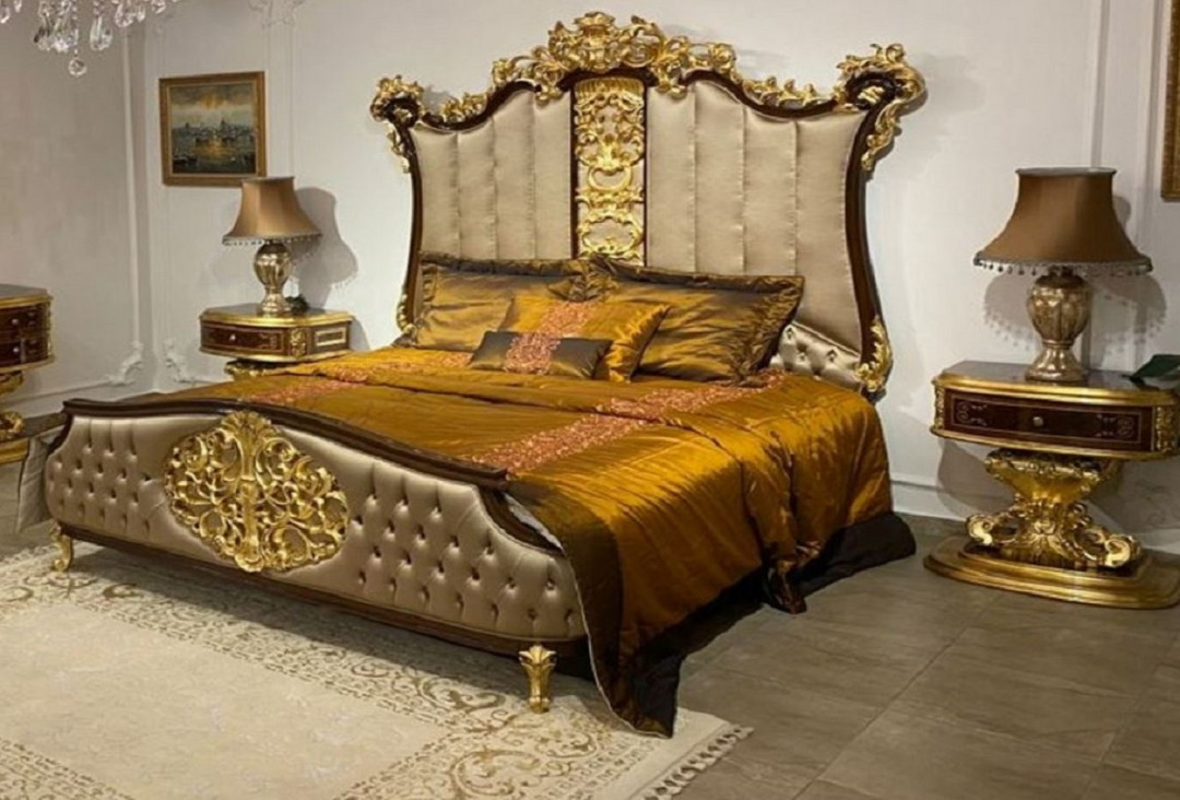 Casa Padrino luxury baroque bedroom set silver / dark brown / gold -   Double Bed with Headboard &  Bedside Tables - High quality bedroom  furniture