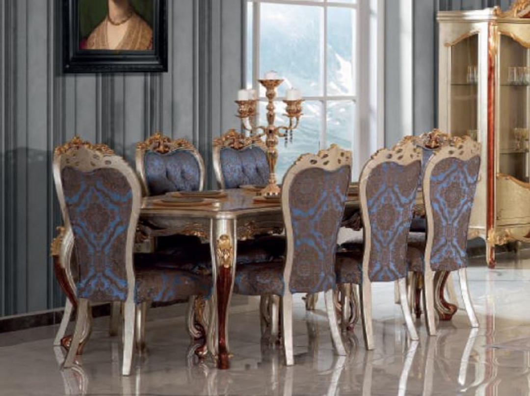 Casa Padrino luxury baroque dining room set blue / silver -  Dining Table  &  Dining Chairs - Magnificent dining room furniture in baroque style