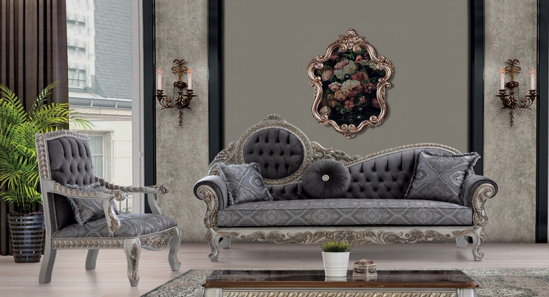 Casa Padrino luxury baroque living room set gray / blue / silver
