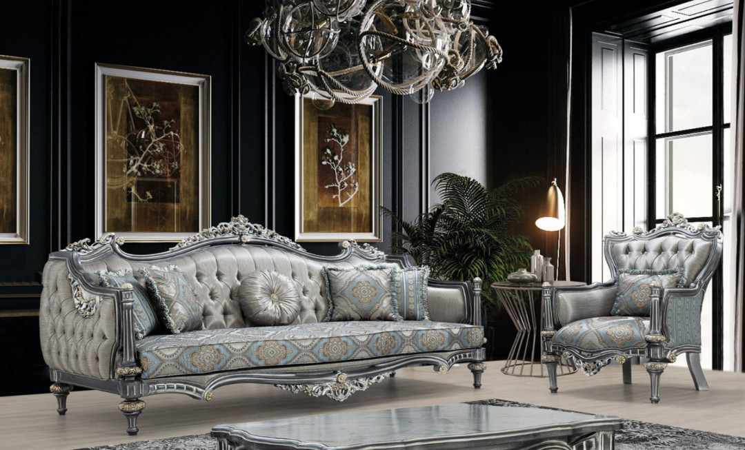 Casa Padrino luxury baroque living room set silver / turquoise