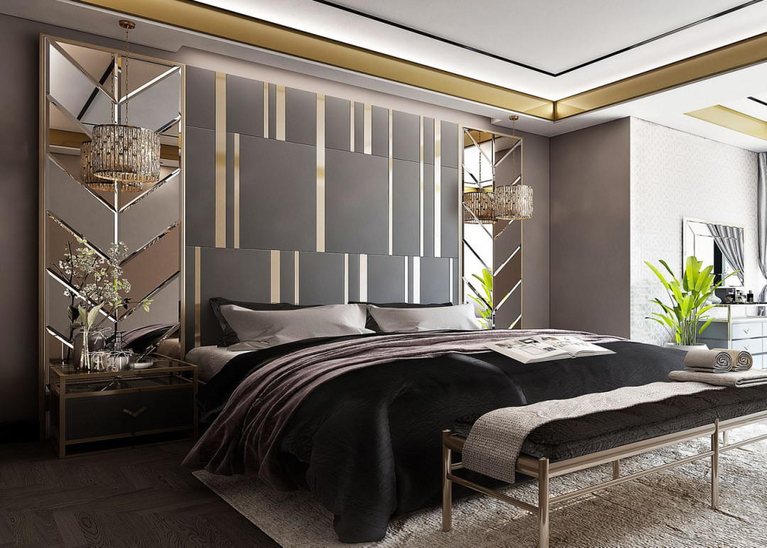 Casa Padrino Luxury Bedroom Set Gray / Gold / Silver -  Double Bed with  Headboard &  Nightstands - Luxury Bedroom Furniture - Hotel Furniture -