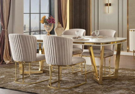 Casa Padrino luxury dining room set white / gray / gold -  Dining Table &   Dining Chairs - Modern dining room furniture  Casa Padrino