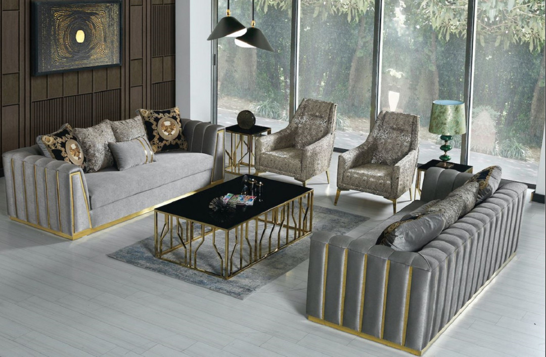 Casa Padrino Luxus Wohnzimmer Set Grau / Gold -  Sofas &  Sessel &   Couchtisch - Moderne Wohnzimmer Möbel - Luxus Qualität  Casa Padrino