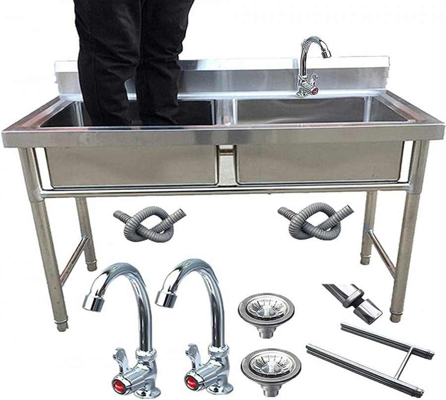 Commercial Kitchen Sink Stainless Steel Single / Double Sink with Tap Stand  for Laundry Garage Outdoor Restaurant Easy to Clean and Install  x  x