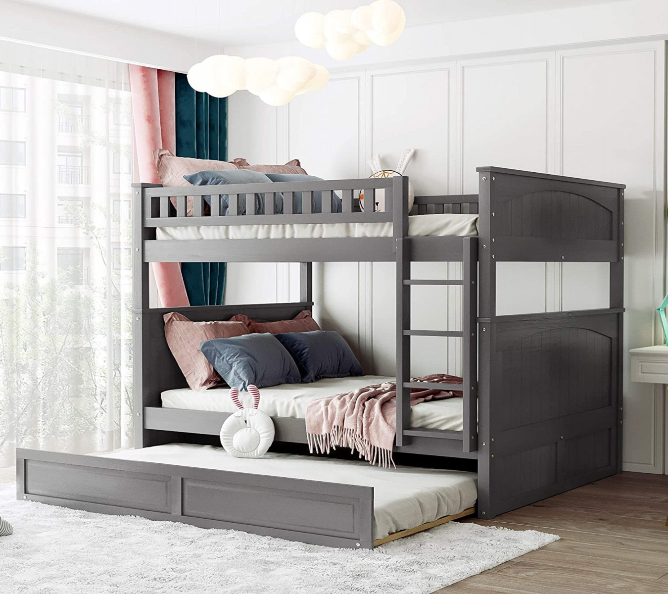 COODENKEY Full Over Full Bunk Bed with Twin Size Trundle, Solid Pine Wood  Bedframe,Bunkbed with Guardrails, Detachable, No Box Spring Needed, Triple,