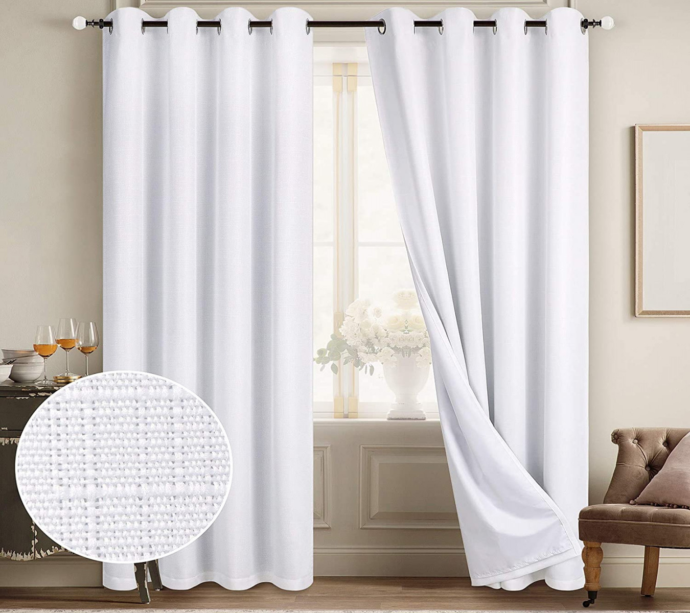 Diraysid % Blackout Curtains White Linen Curtains for Bedroom Eyelet  Thermal Insulated Room Darkening ( Panels W 5 x L  Inches)