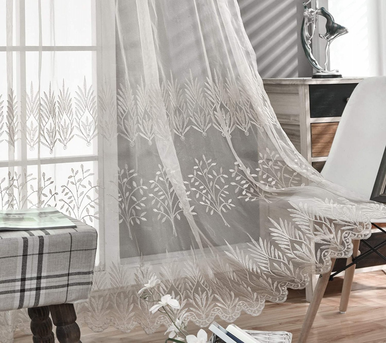 DONREN Luxury Curtains for Living Room - Leaf Embroidery Sheer Curtains for  Bedroom (W  x L  cm,  Panels)