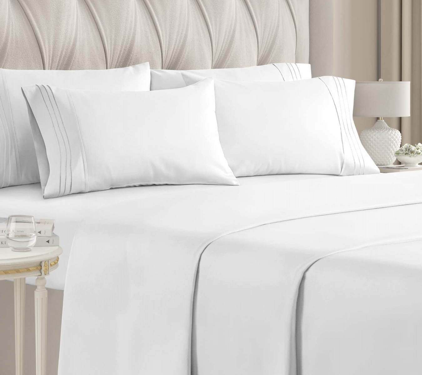 Double Bed Bed Sheet Set – White with Fitted Sheet &  Pillow/Extra Deep  Pockets Microfibre Soft as Egyptian Cotton Hotel Luxury Collection Bedding