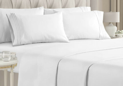 Double Bed Bed Sheet Set – White with Fitted Sheet &  Pillow/Extra Deep  Pockets Microfibre Soft as Egyptian Cotton Hotel Luxury Collection Bedding