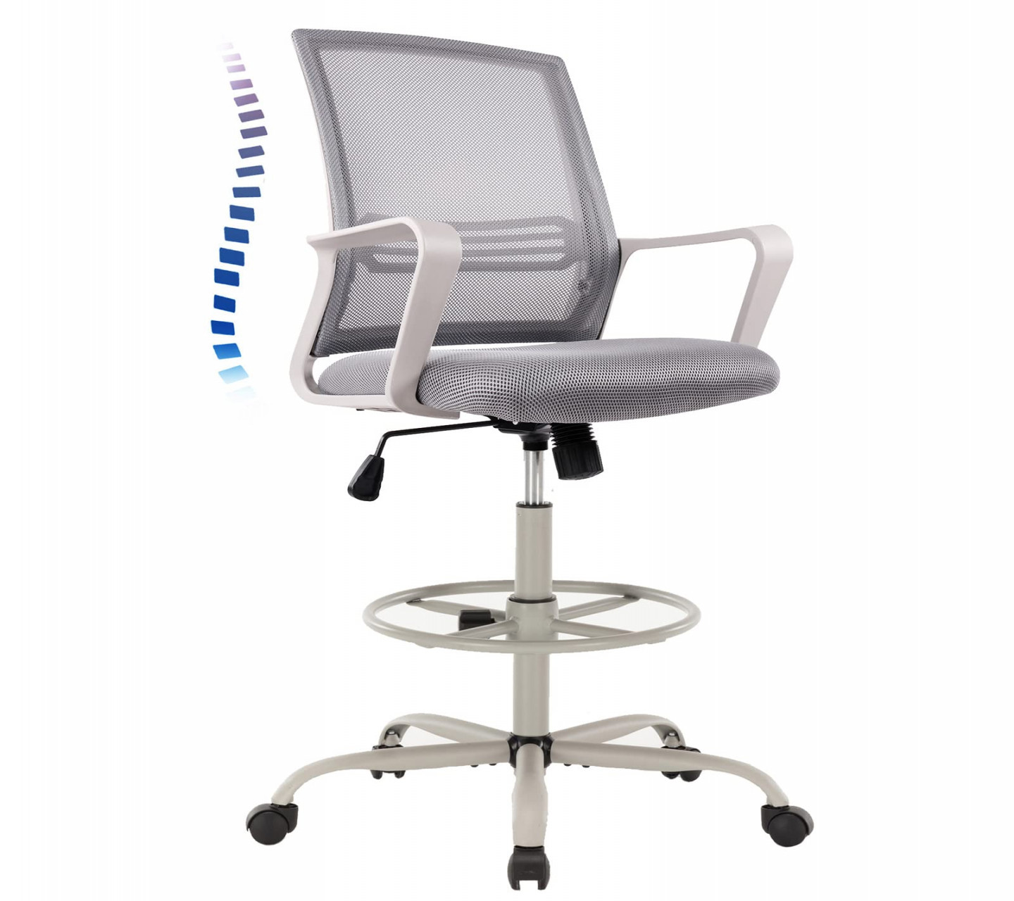 Drafting Chair Tall Office Chair Standing Desk Chair Mesh Ergonomic Office  Chair with Adjustable Foot Ring High Rolling Chair with armrest for Office