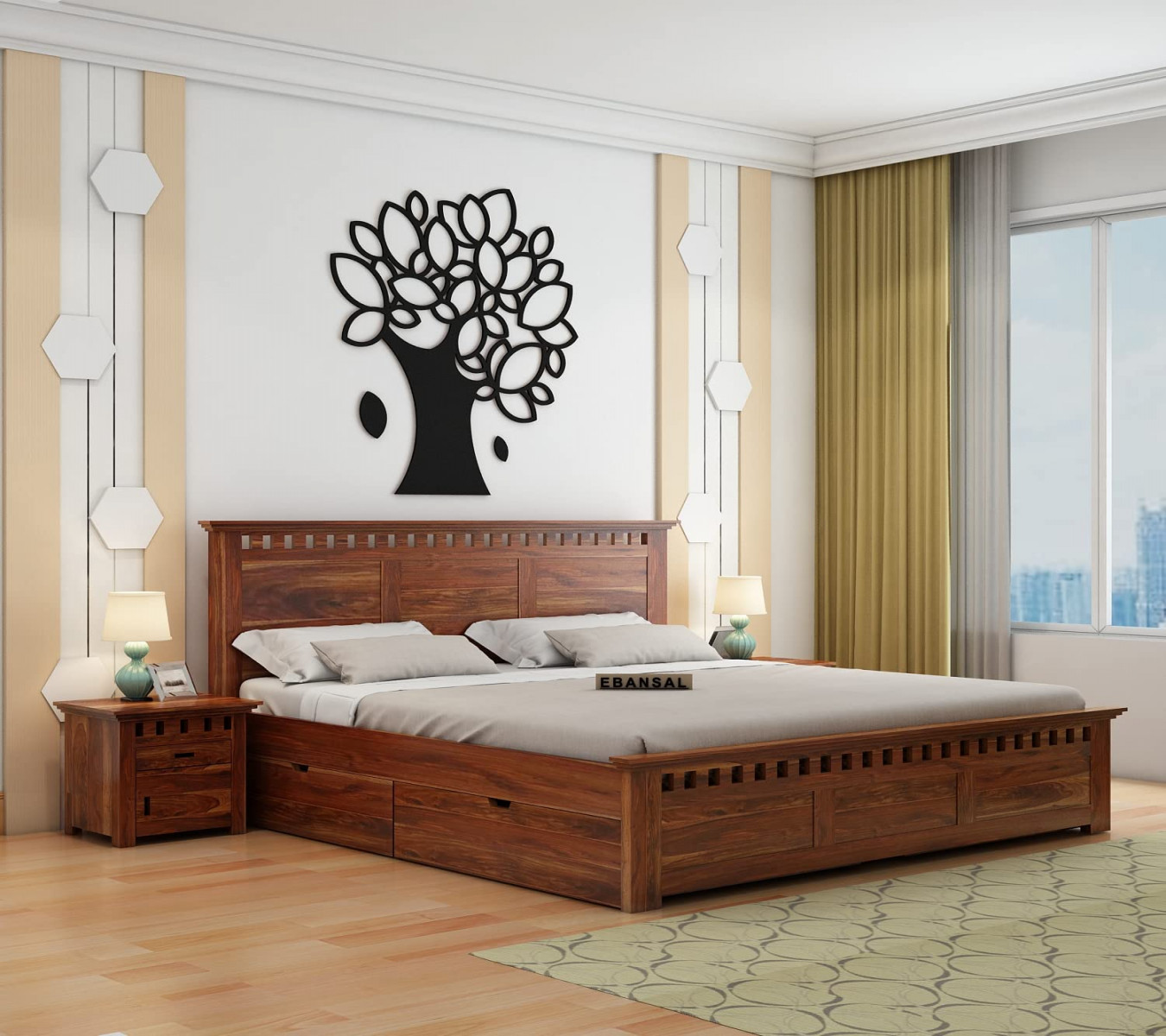 EBANSAL Wooden King Size Bed for Bedroom  Solid Wood Double Bed