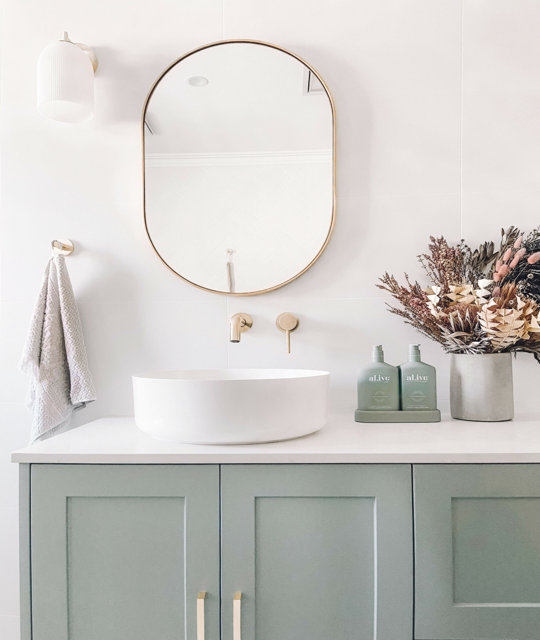 Elysian Minimal Mixer & Spout Set - Brushed Brass  Green bathroom