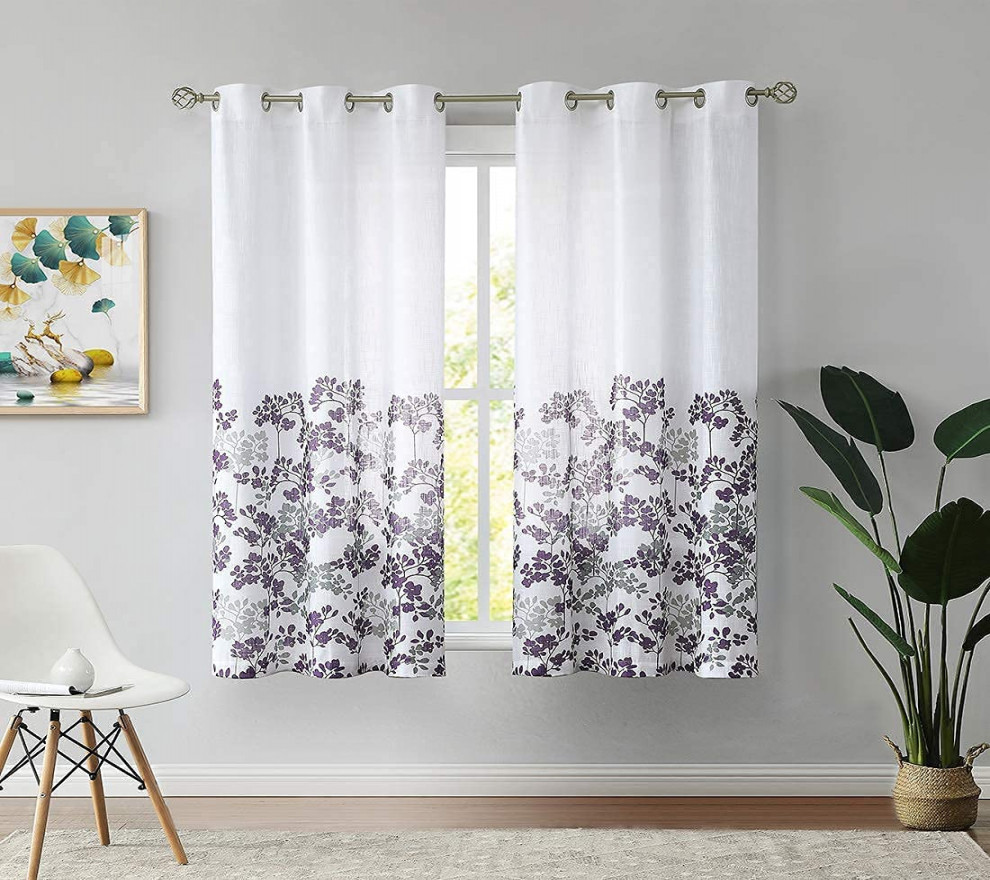 Floral Curtains " Long Semi Sheer Living Room Bedroom Grey Purple Leaf  Printed on White Linen Window Curtains Grommet Top " Wide  Panels