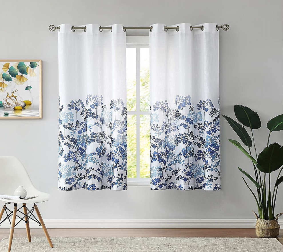FLORAL CURTAINS - Semi Sheer Curtains " Long Living Room Bedroom Blue  Navy Leaf Printed on White Linen Texture Eyelet Curtains " Wide  Panels