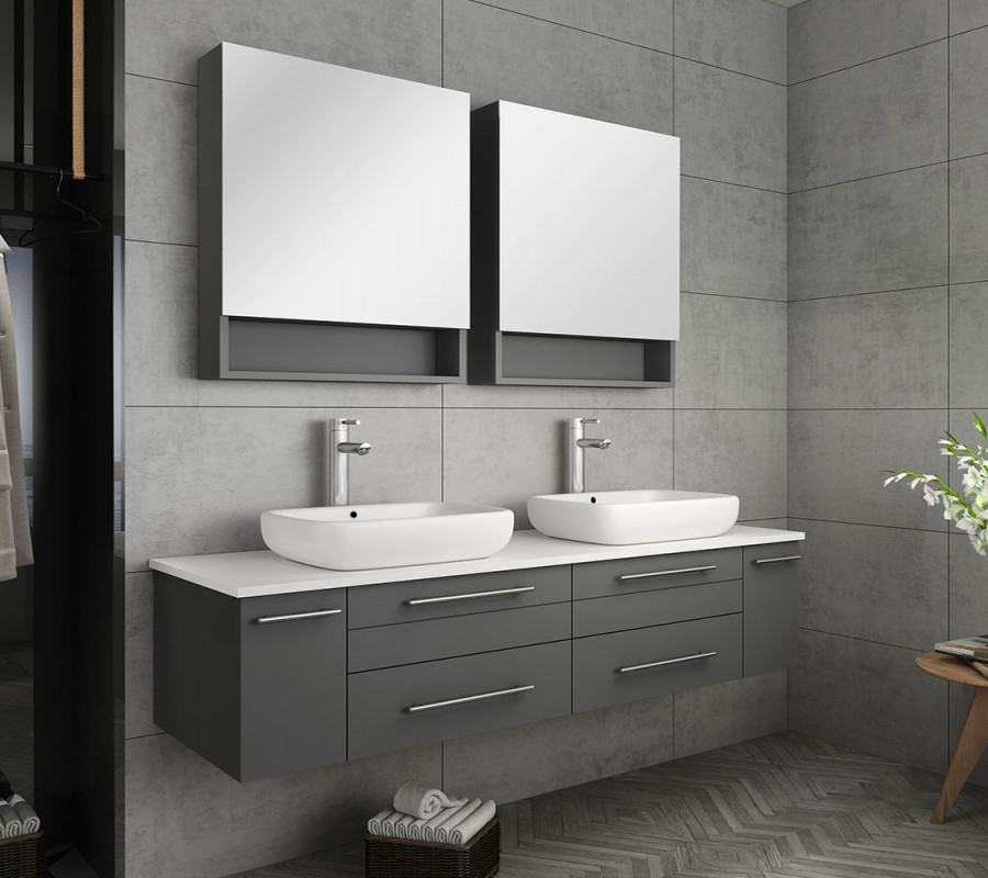 Fresca Lucera " Gray Wall Hung Double Vessel Sink Modern Bathroom Vanity  w/ Medicine Cabinets - FVN61GR-VSL-D