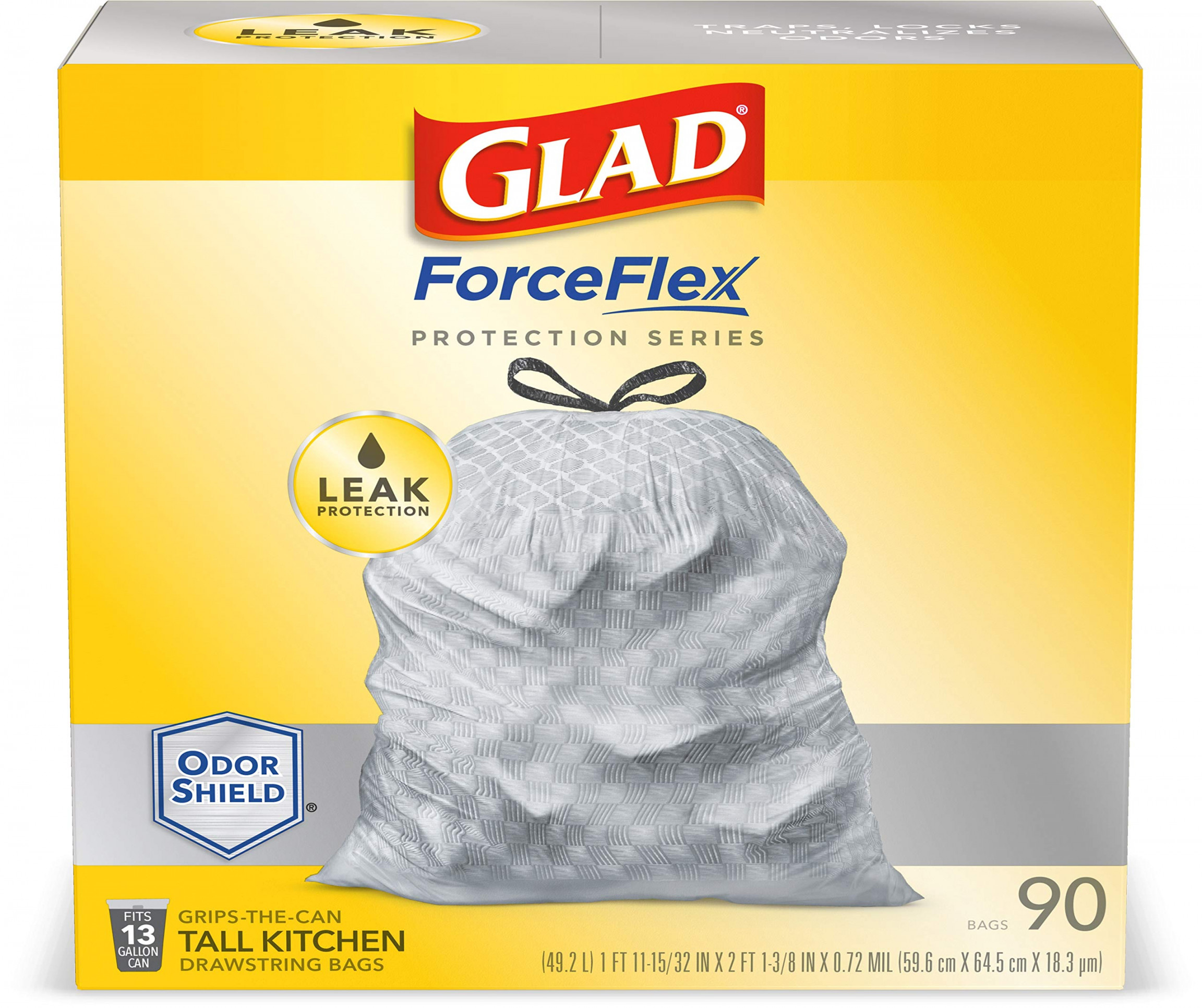 Glad ForceFlex Protection Series Tall Kitchen Trash Bags,  Gal, Unscented  OdorShield,  Ct (Package May Vary)