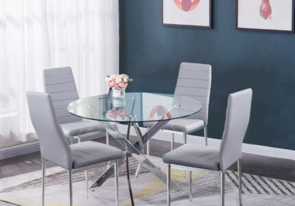GOLDFAN Dining Set with Glass Round Dining Table and  Grey Chairs Kitchen  Table for Living Room Kitchen Office