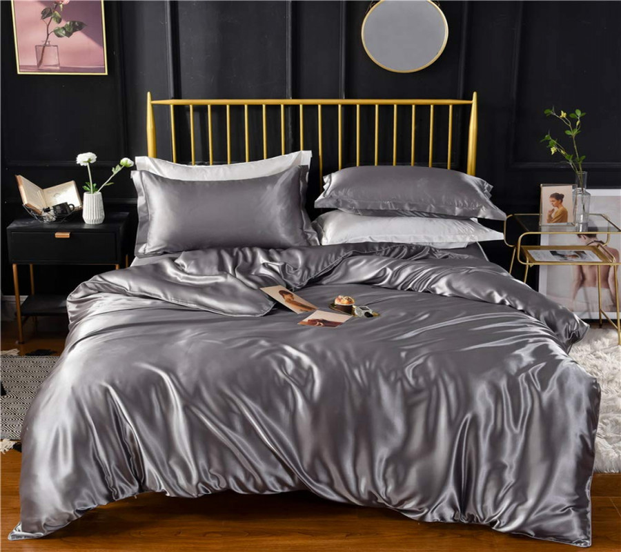 Grey Gray Luxury Silk Bedding Set. Include Silk Duvet Cover, Silk Pillow  Sham and Silk Fitted Sheet. Satin Silk, Silk Blend Fabric