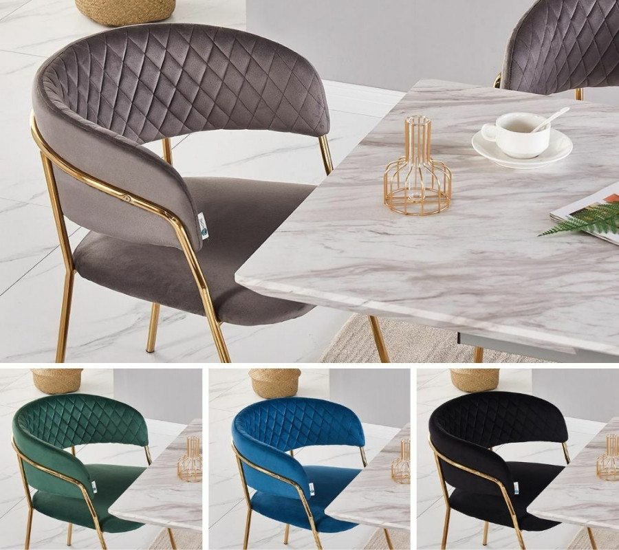 Grey Velvet Dining Chairs with Gold Legs Modern Dining Chair with Diamond  Stitch