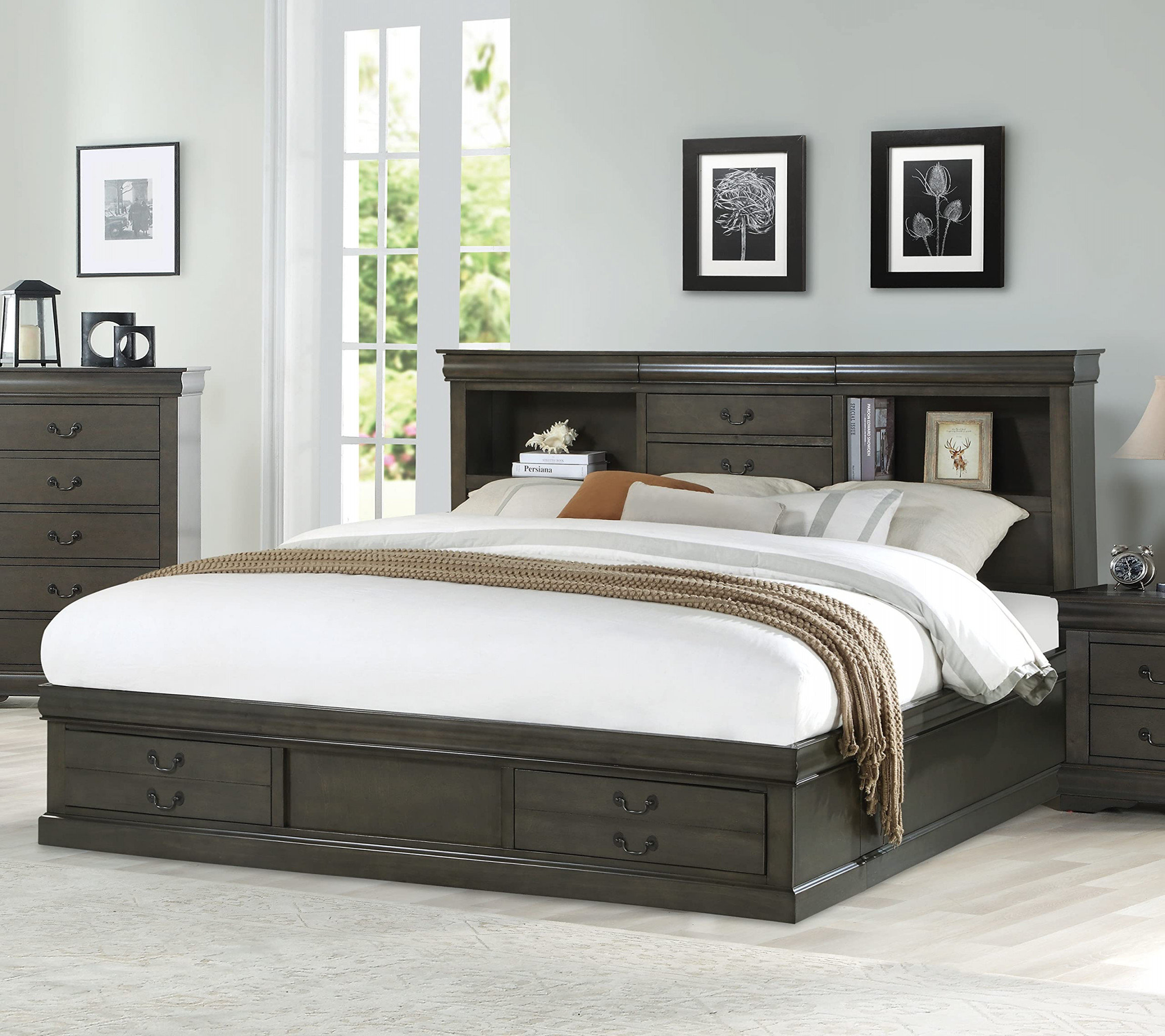 HABITRIO King Bed Frame, Solid Wood and Composite Construction King Size  Storage Bed with Headboard w/  Hidden Drawers& Bookshelves, Footboard w/