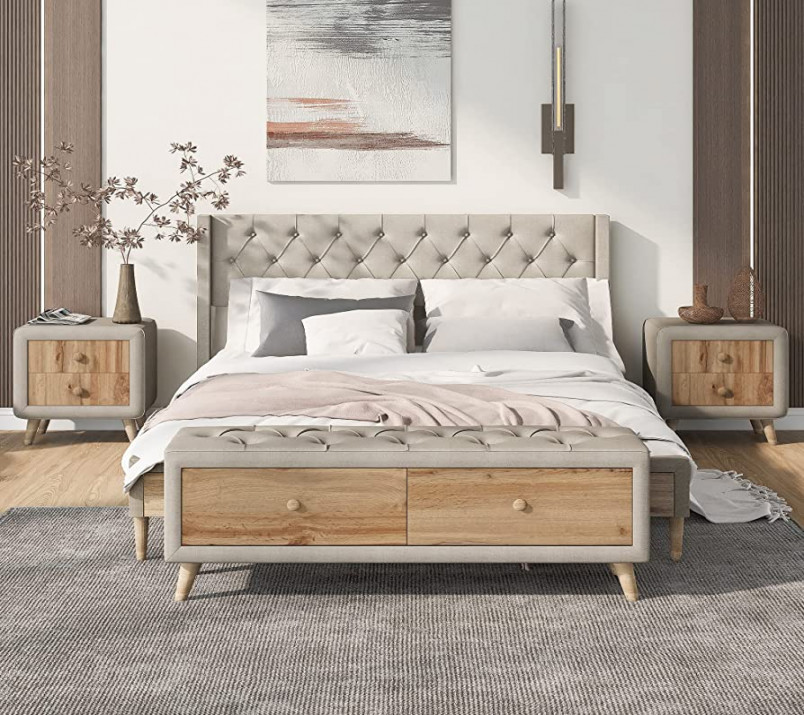 Harper & Bright Designs -Pieces Queen Bedroom Set, Wooden Bedroom  Furniture Sets with with Queen Size Upholstered Platform Bed, Nightstands  and