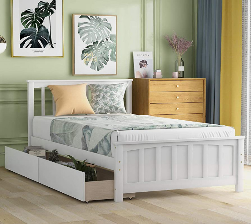 Harper&Bright Designs Twin Bed Frame with Drawers, Kids Platform Twin Bed  with Storage, Solid Wood, No Box Spring Needed