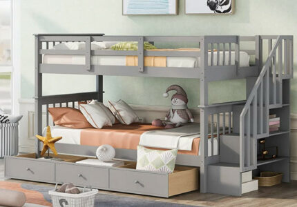 Harper & Bright Designs Twin Over Twin Bunk Bed with Stairs and Guard Rail,  Wood Bunk Bed with Storage Drawers Twin Bunk Bed Frame for Bedroom, Dorm,