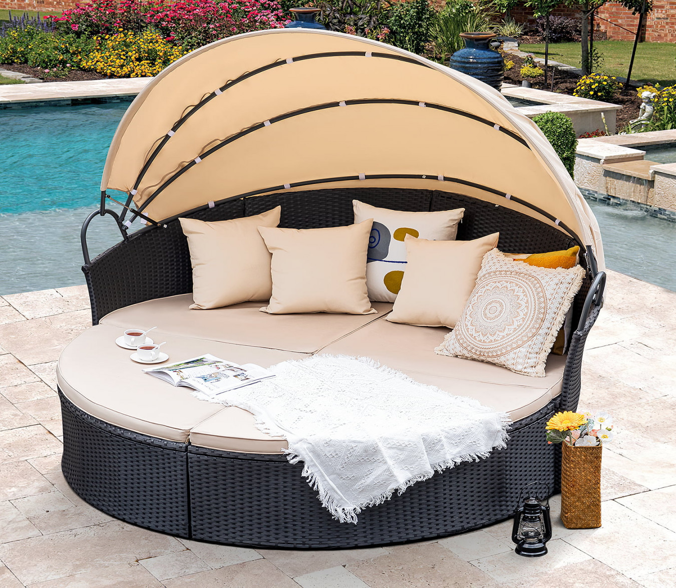 Homall Outdoor Daybed with Retractable Canopy Sectional Rattan Round Bed  for Patio, Black & Beige