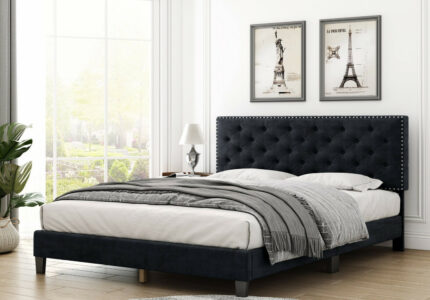 Homfa Queen Size Bed, Modern Upholstered Platform Bed Frame with Adjustable  Headboard for Bedroom, Black