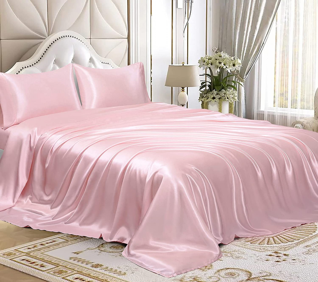 Homiest pcs Satin Sheets Set Luxury Silky Satin Bedding Set with Deep  Pocket,  Fitted Sheet +  Flat Sheet +  Pillowcases (Queen Size, Blush  Pink)