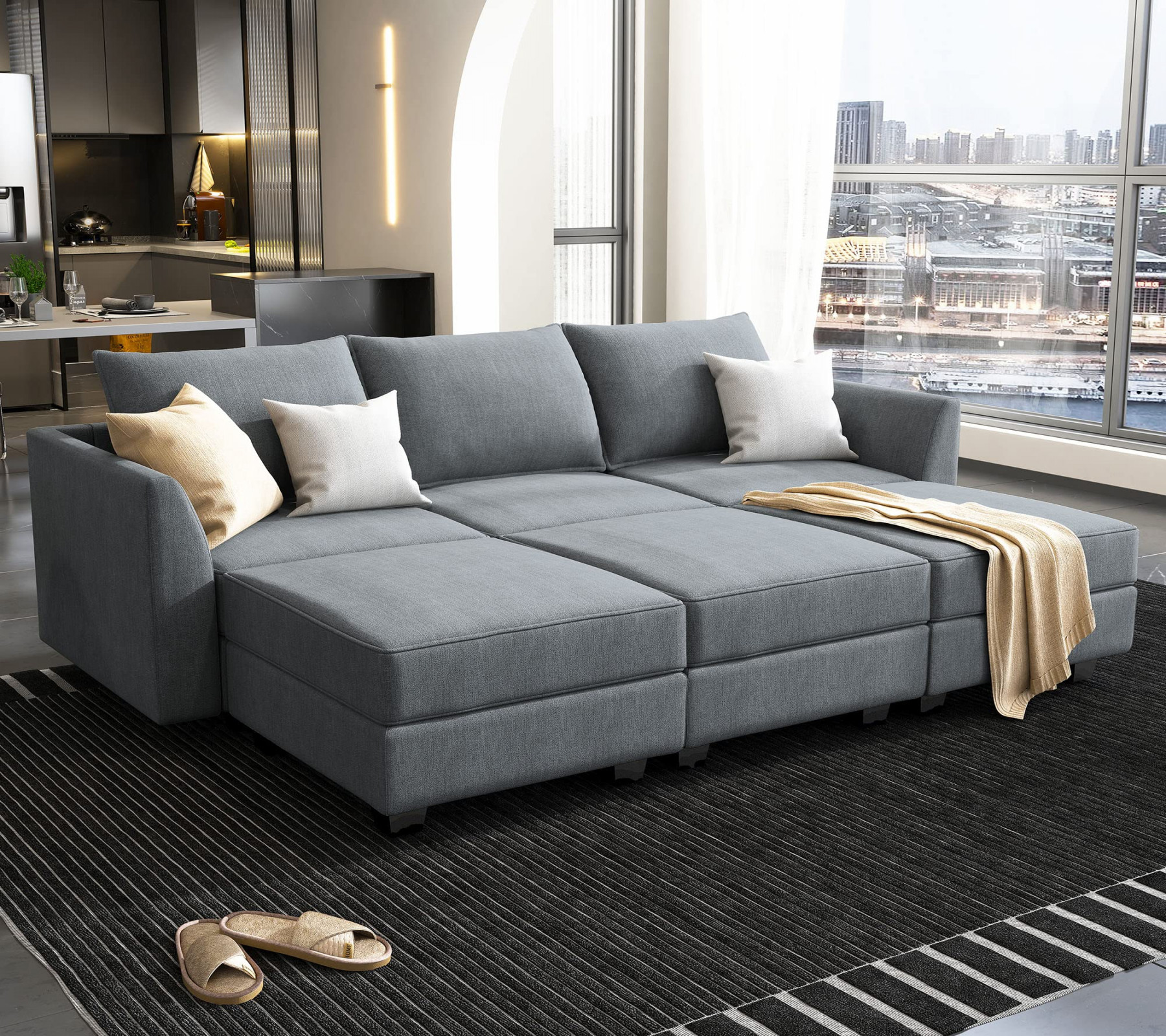 HONBAY Modern Modular Sectional Sofa Sleeper Couch Living Room U Shape Sofa  Couch with Ottoman Set, Full Size Sectional Sofa Bed for Small Space,