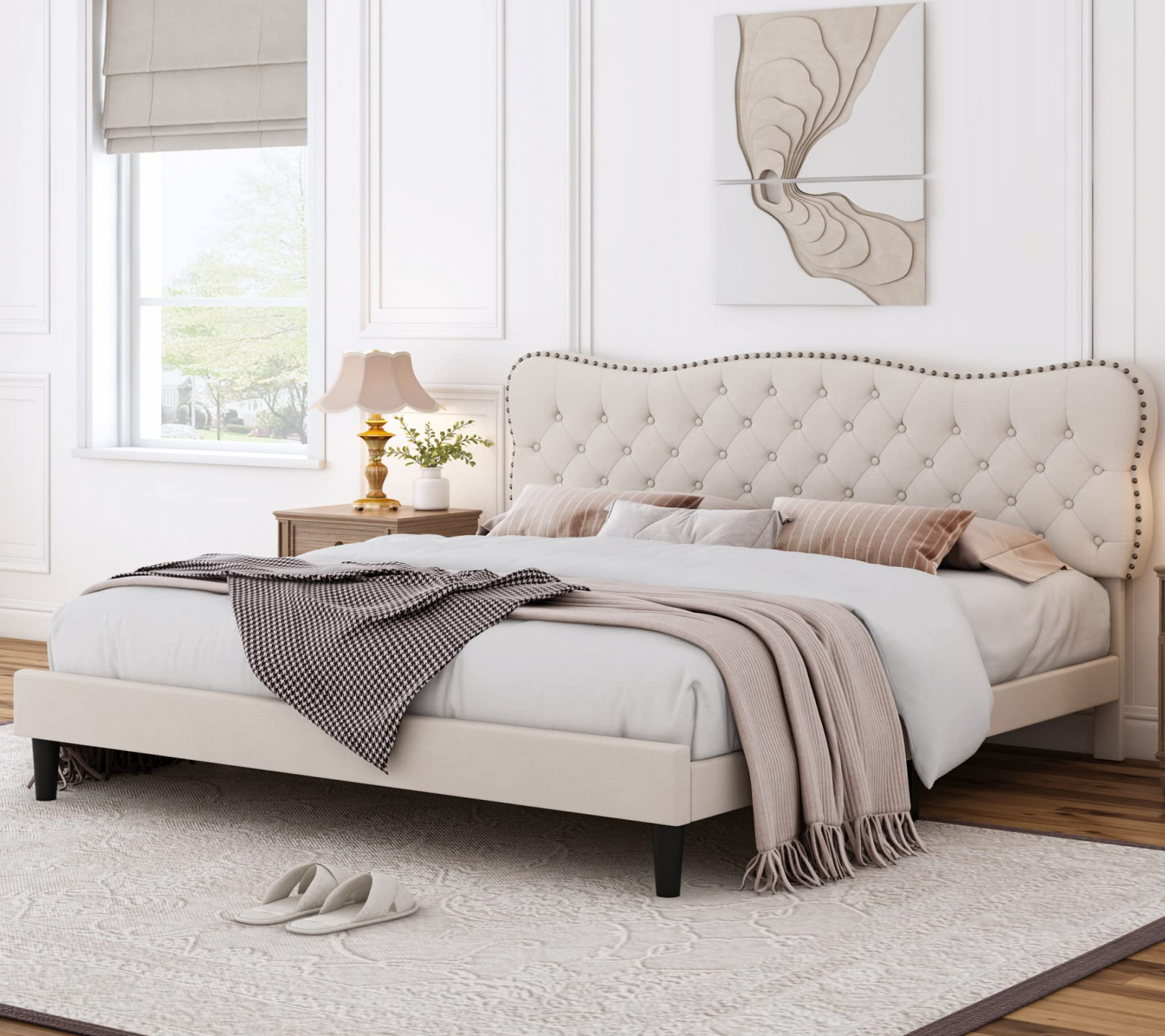 HOSTACK King Size Bed Frame, Linen Fabric Upholstered Platform Bed Frame  with Adjustable Headboard, Diamond Tufted Mattress Foundation with Wood