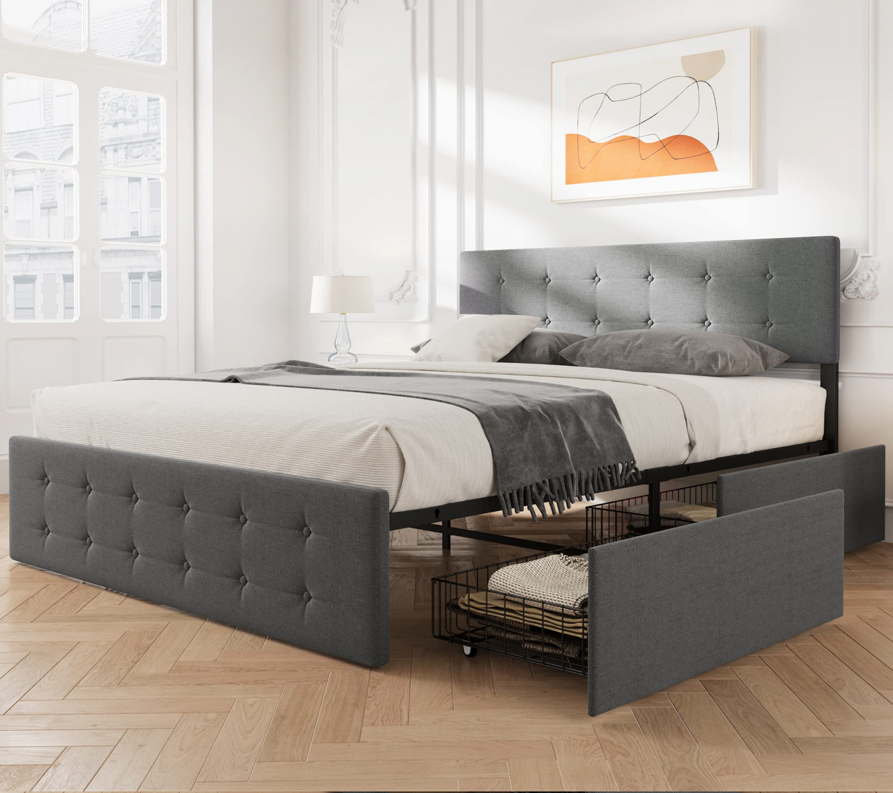 IDEALHOUSE Full Bed Frame with  Storage Drawers and Headboard, Adjustable  Upholstered Headboard Beds Mattress Foundation with Wood Slat Support, No