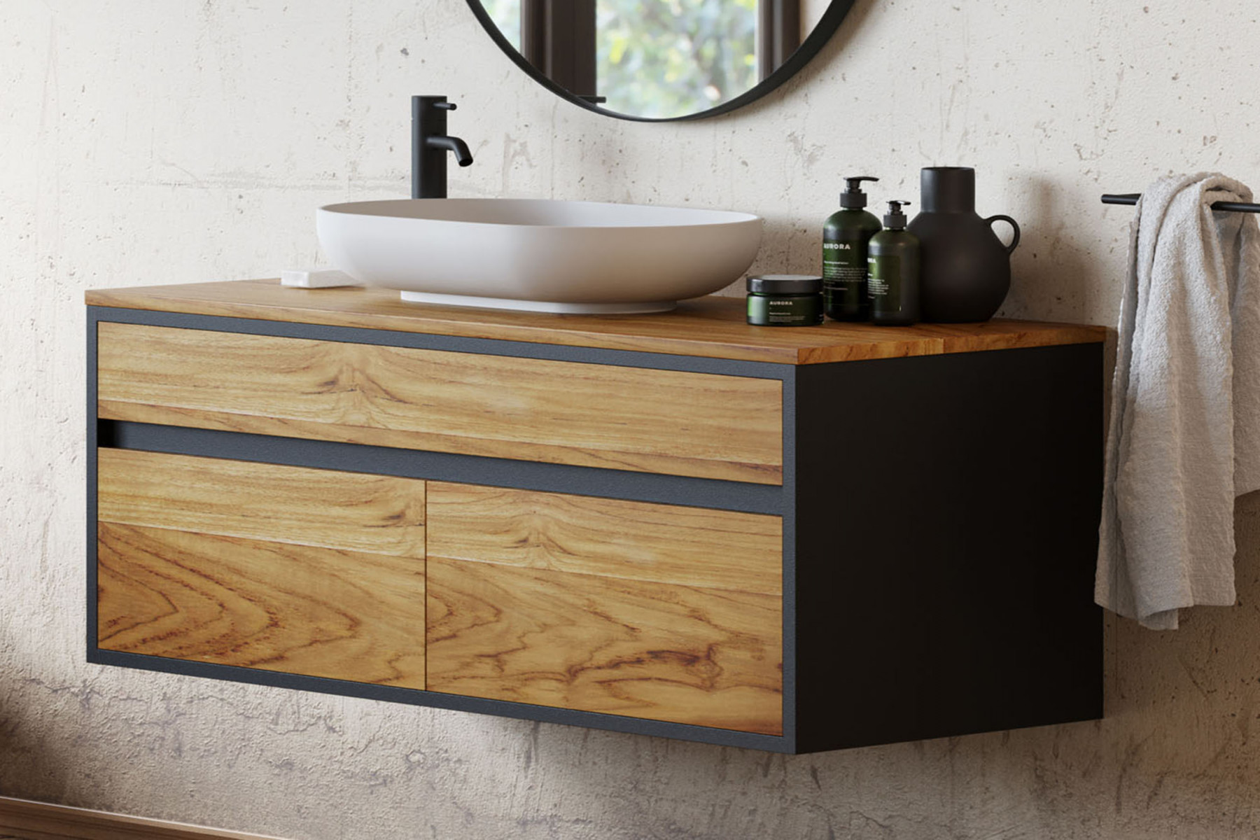 Kirei" vanity cabinet teak wood + metal black   drawers 10 cm