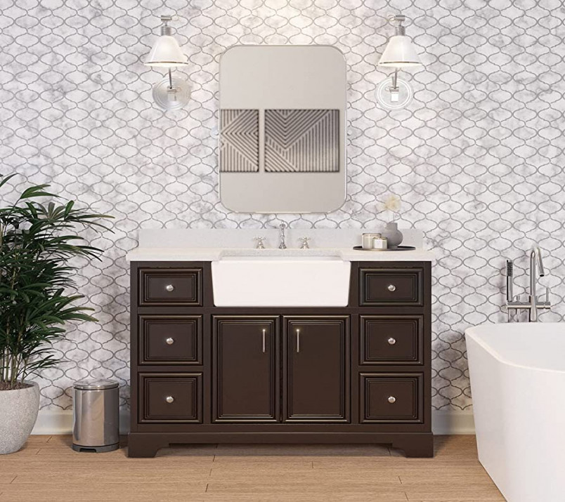 Kitchen Bath Collection Zelda -inch Farmhouse Vanity (Quartz/Chocolate):  Includes Chocolate Cabinet with Stunning Quartz Countertop and White