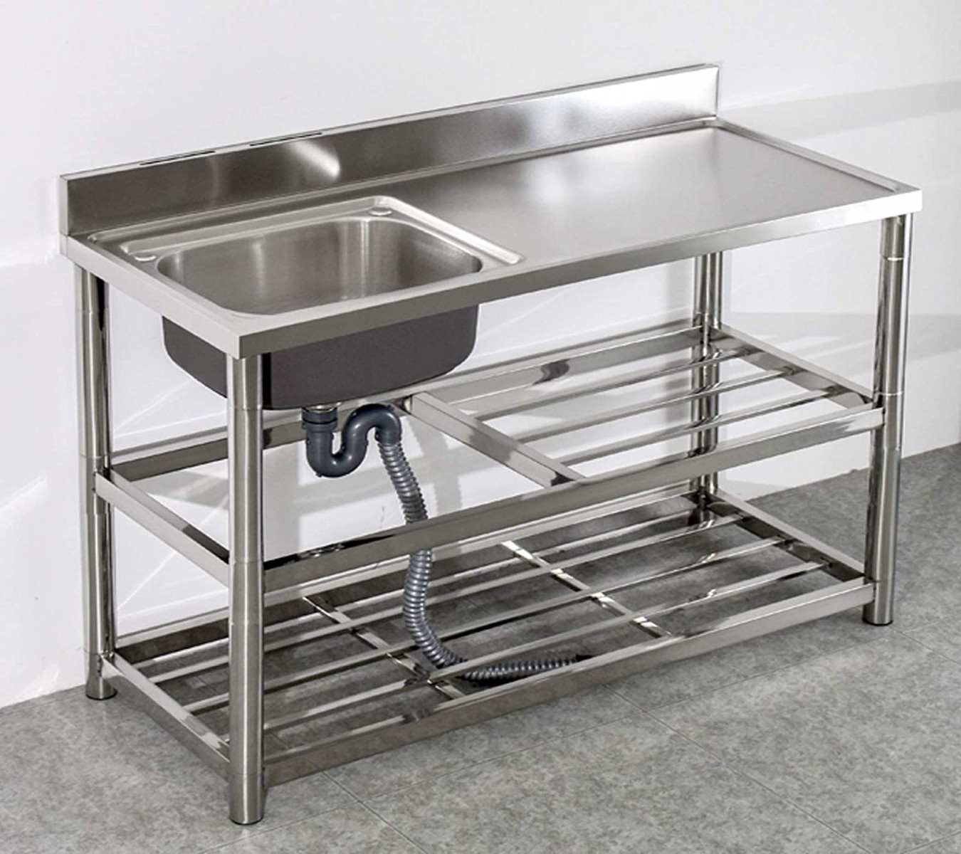 Kitchen sink with stand platform, stainless steel sink, worktop, integrated  catering, single sink, commercial sink for restaurants